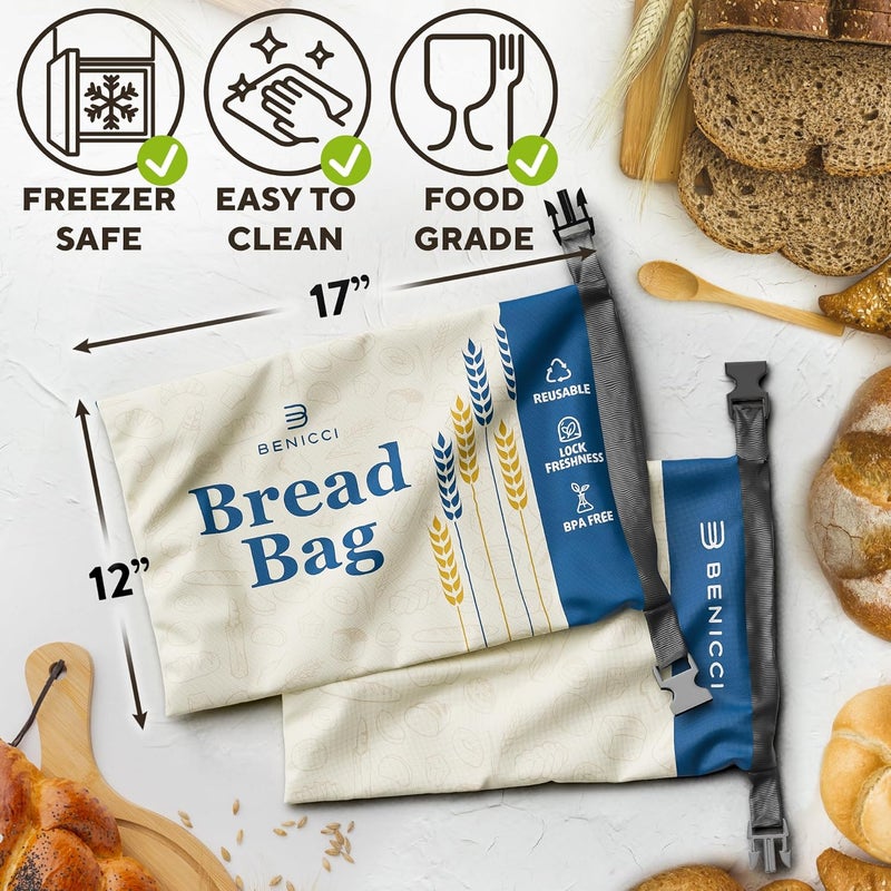 Benicci 2 Pack Reusable Bread Bags - Perfect To Store Homemade Sourdough Loaf Breads - Special Double-Lock for Longer Freshness - Extra Large Food-Grade Bags - Freezer-Safe Bags for Bread Lovers - Image 3